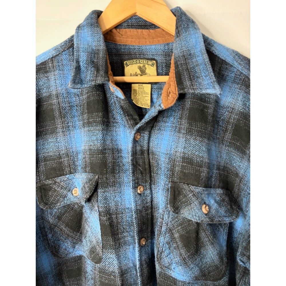 Vintage Field & Stream Heavy Flannel Shacket Blue Plaid Corduroy Trim Mens XXL - Picture 2 of 6